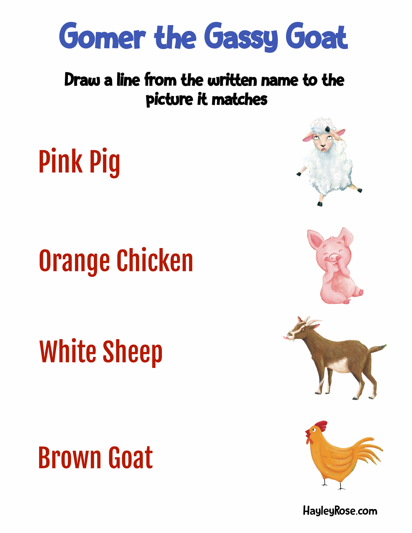 G - Gomer the Gassy Goat - Match the Name to the Picture Activity Sheet